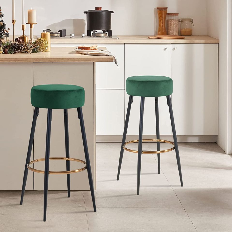 Set of 2, Modern Round Velvet Bar Stools, Height 30 Inches
