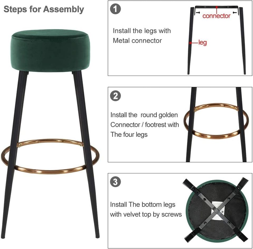 Set of 2, Modern Round Velvet Bar Stools, Height 30 Inches
