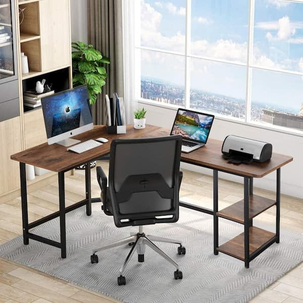53.5 in. W Brown Industrial L-Shaped Computer Writing Corner Desk with 2-Shelves