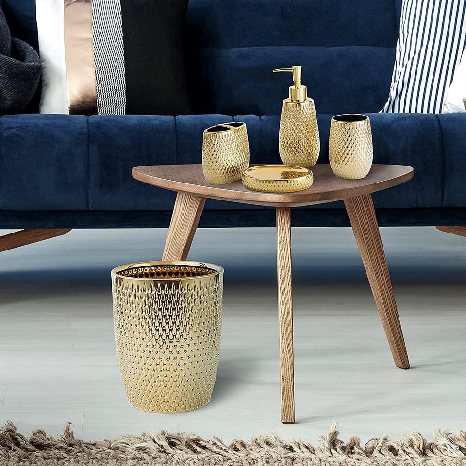 Modern Golden Small Trash Can Wastebasket, Garbage Container Bin for Bathrooms, Powder Rooms