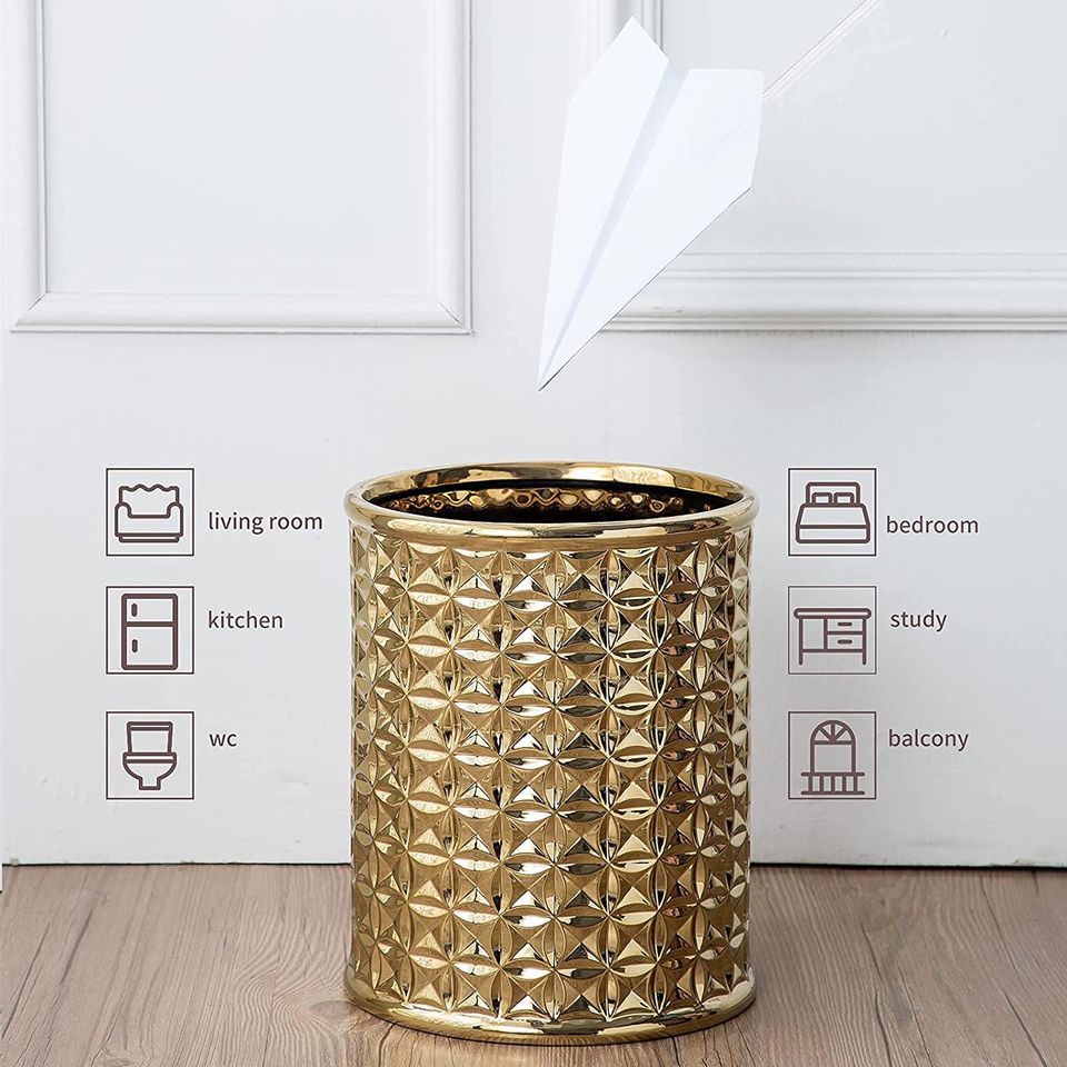 Round Golden Trash Can, Small Wastebasket, Garbage Receptacle Bin for Bathrooms, Powder Rooms,