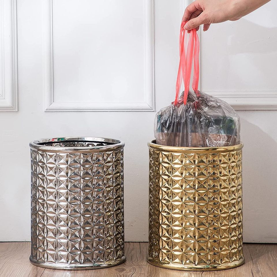 Round Golden Trash Can, Small Wastebasket, Garbage Receptacle Bin for Bathrooms, Powder Rooms,