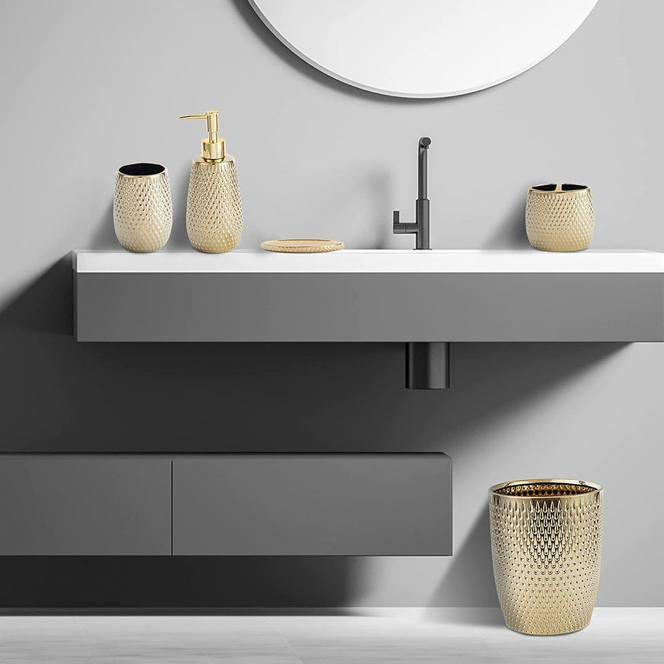 Modern Golden Small Trash Can Wastebasket, Garbage Container Bin for Bathrooms, Powder Rooms