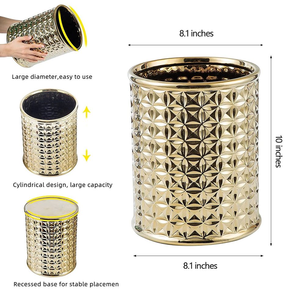 Round Golden Trash Can, Small Wastebasket, Garbage Receptacle Bin for Bathrooms, Powder Rooms,