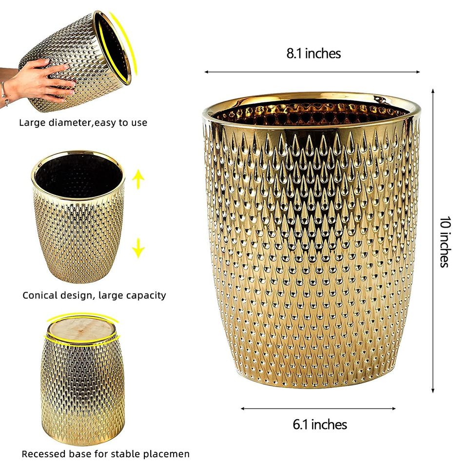 Modern Golden Small Trash Can Wastebasket, Garbage Container Bin for Bathrooms, Powder Rooms