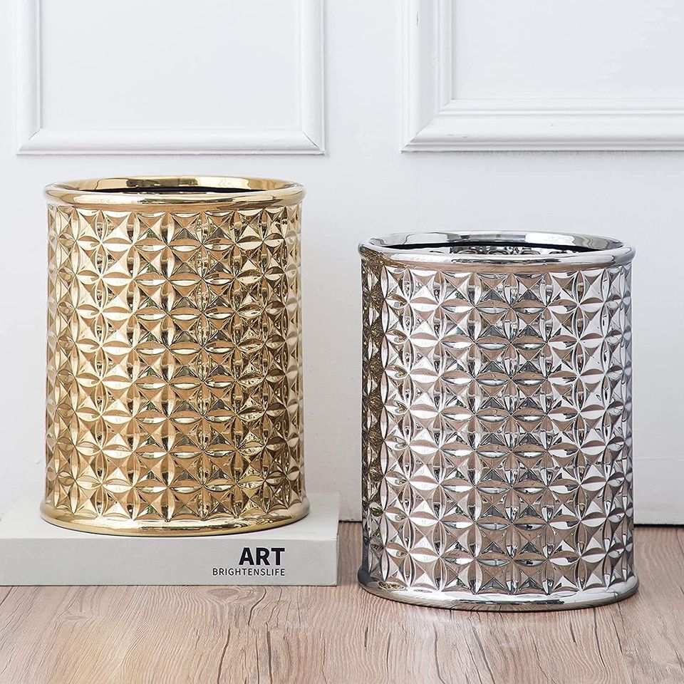 Round Golden Trash Can, Small Wastebasket, Garbage Receptacle Bin for Bathrooms, Powder Rooms,