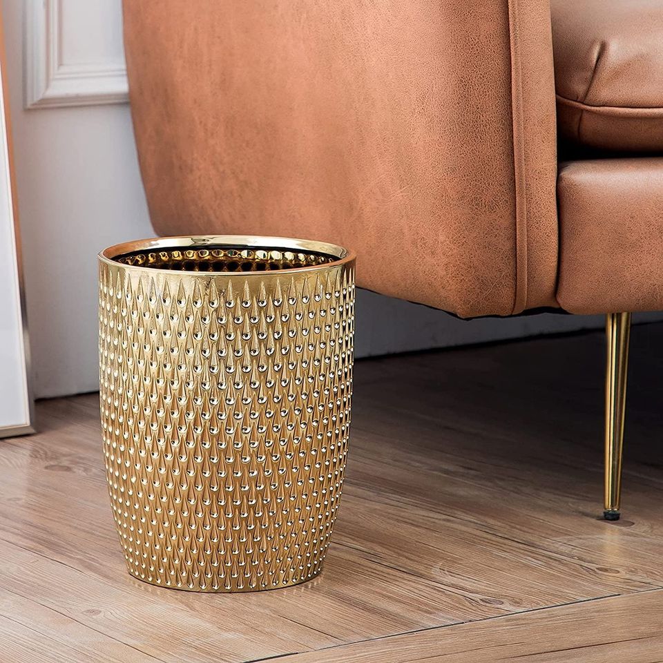 Modern Golden Small Trash Can Wastebasket, Garbage Container Bin for Bathrooms, Powder Rooms