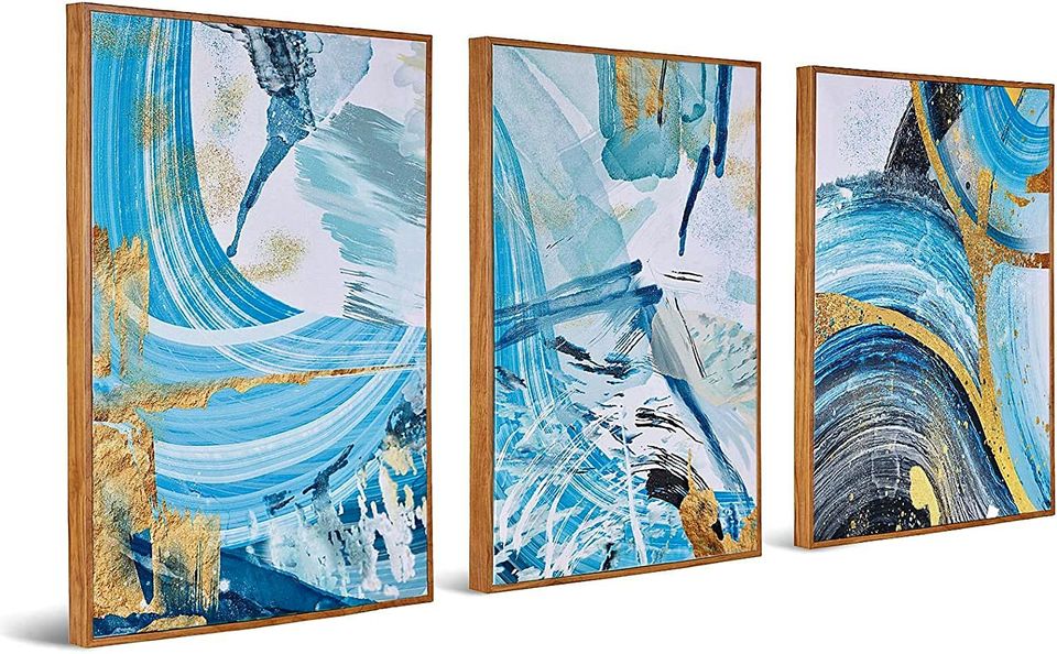 3 Piece Set Non Weaving Canvas Wall Art Decor blue Abstract watercolor Home Decorationtio