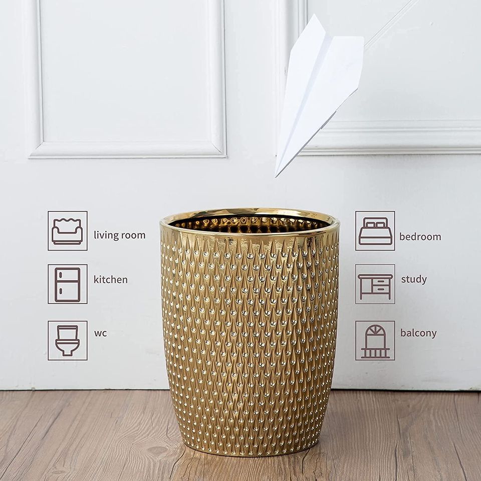 Modern Golden Small Trash Can Wastebasket, Garbage Container Bin for Bathrooms, Powder Rooms