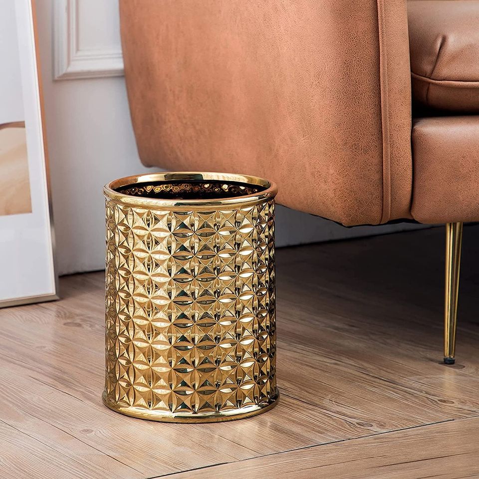 Round Golden Trash Can, Small Wastebasket, Garbage Receptacle Bin for Bathrooms, Powder Rooms,