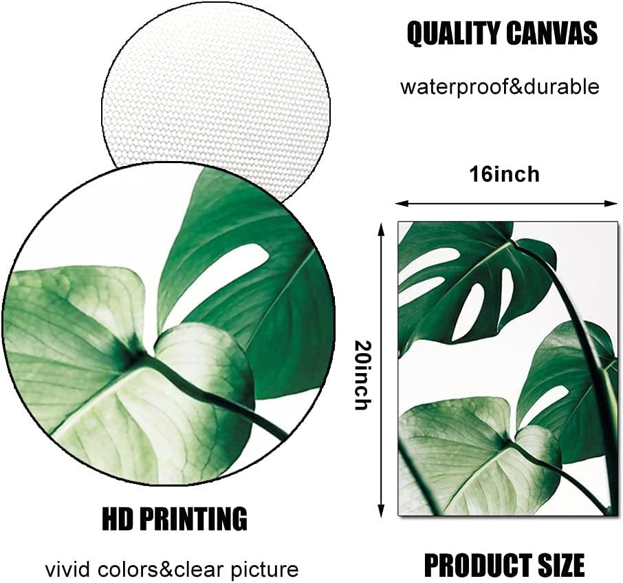 Green Leaves Prints Wall Canvas Art, 16x20 Inches Tropical Plants Monstera Minimalist