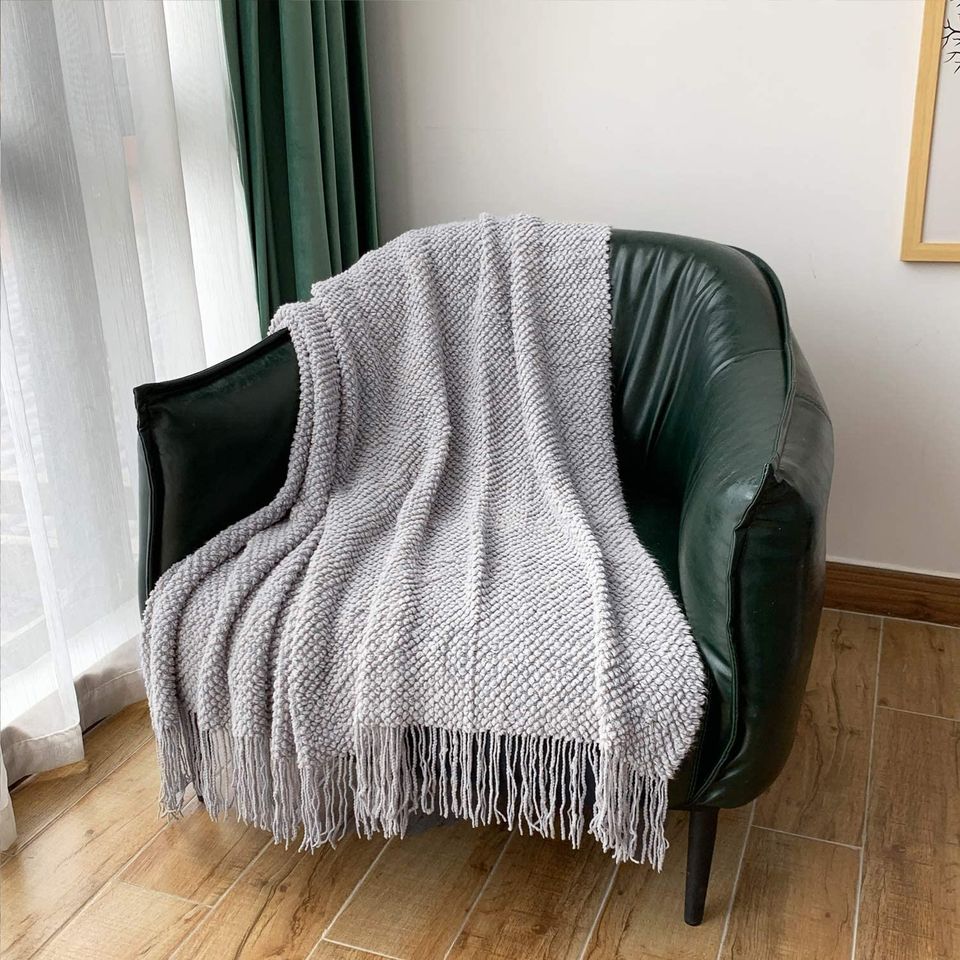 LOMAO Knitted Throw Blanket with Tassels Bubble Textured Soft Lightweight