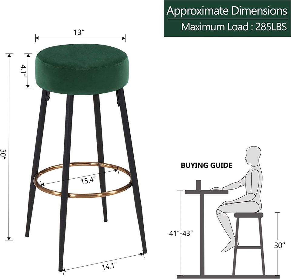 Set of 2, Modern Round Velvet Bar Stools, Height 30 Inches