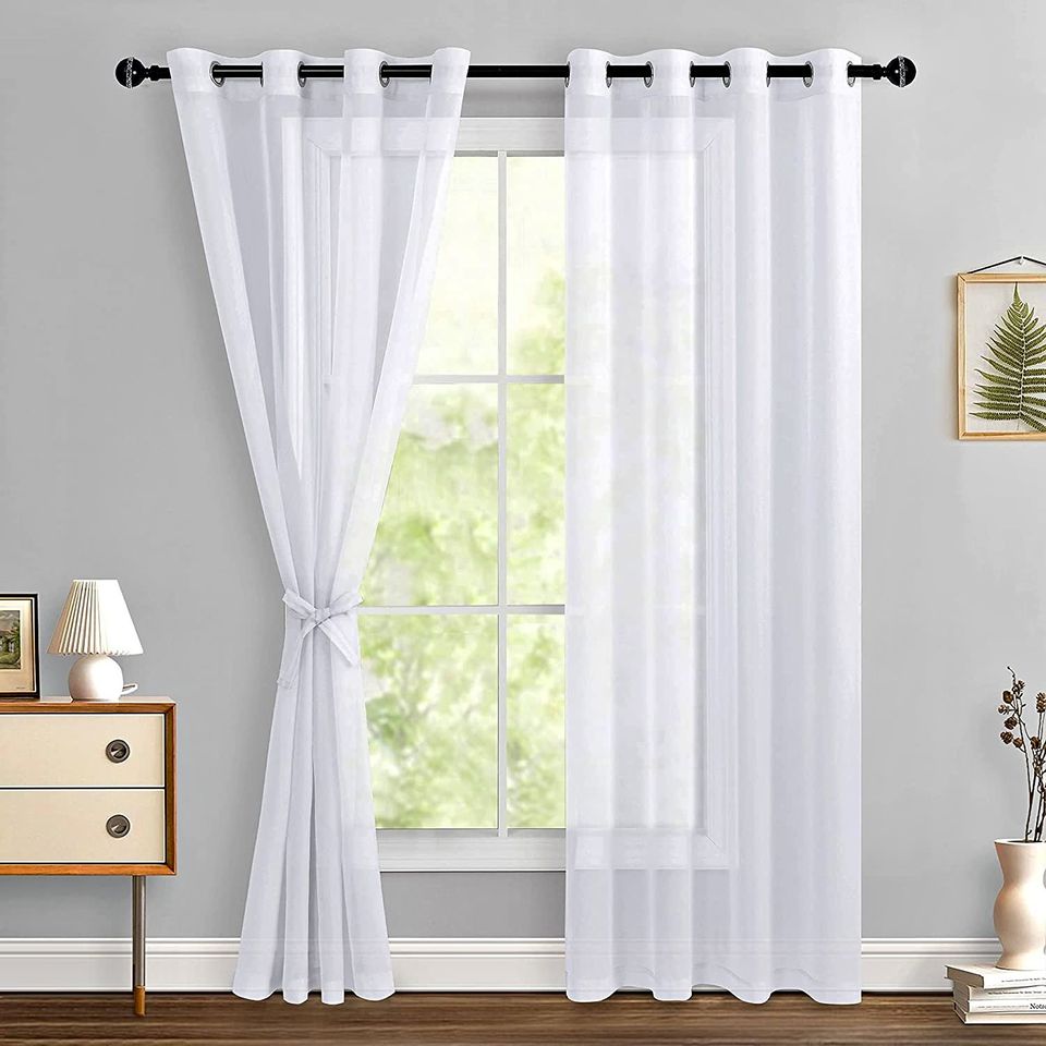 White Sheer Curtains 84 Inches Long with Tiebacks, Light Filtering Semi Transparent