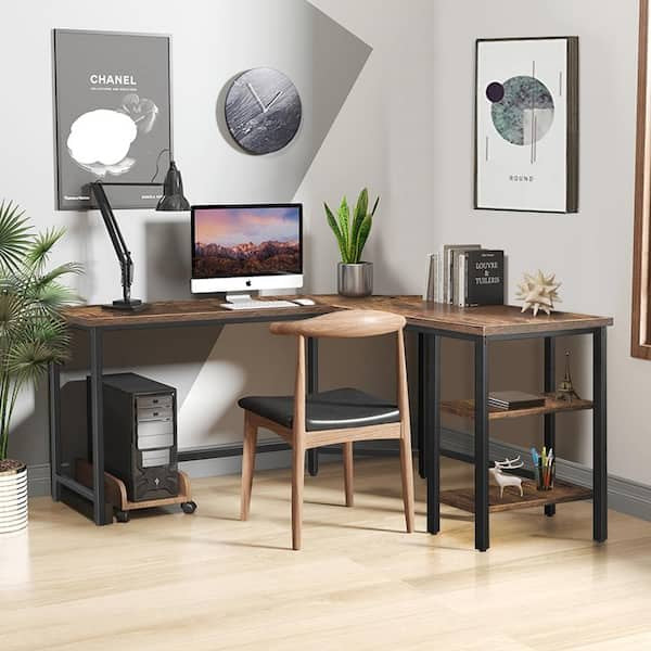 53.5 in. W Brown Industrial L-Shaped Computer Writing Corner Desk with 2-Shelves