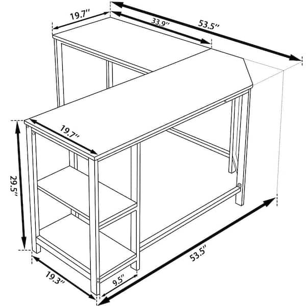 53.5 in. W Brown Industrial L-Shaped Computer Writing Corner Desk with 2-Shelves