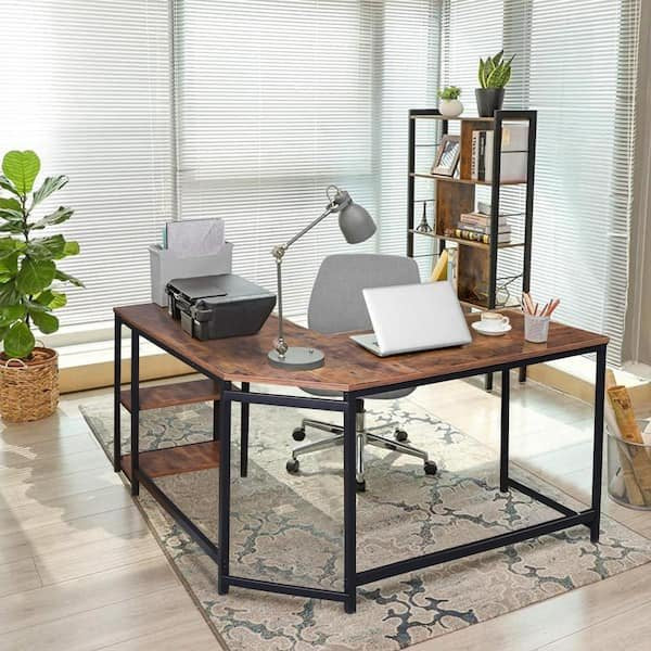 53.5 in. W Brown Industrial L-Shaped Computer Writing Corner Desk with 2-Shelves