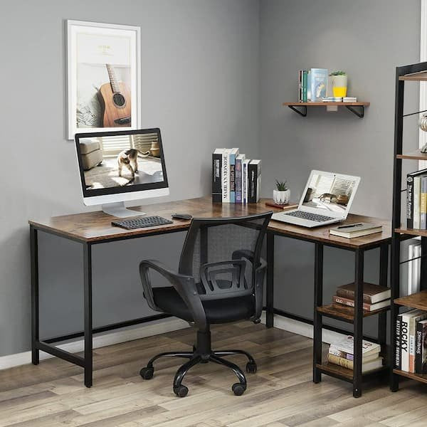 53.5 in. W Brown Industrial L-Shaped Computer Writing Corner Desk with 2-Shelves