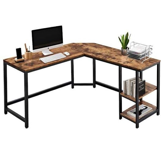53.5 in. W Brown Industrial L-Shaped Computer Writing Corner Desk with 2-Shelves
