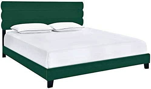 Used Velvet Slat Back King Bed in Emerald Green Fabric