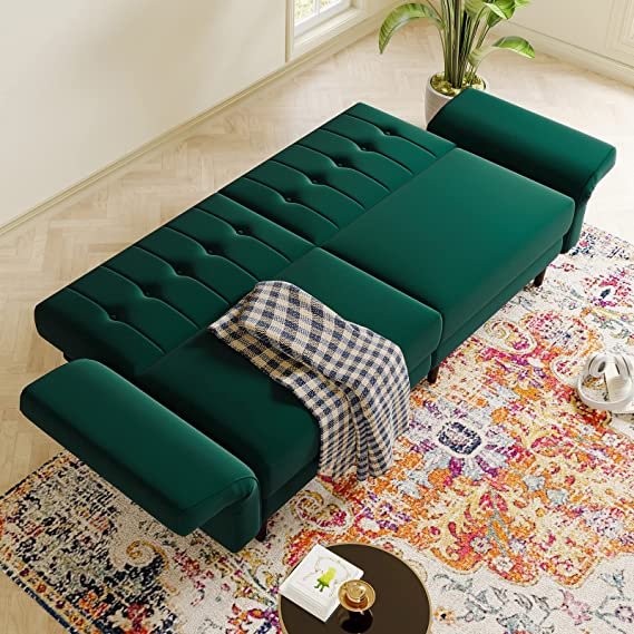 Belffin Velvet Convertible Futon Sofa Bed Memory Foam Futon Couch Sleeper Sofa Green~ Free delivery