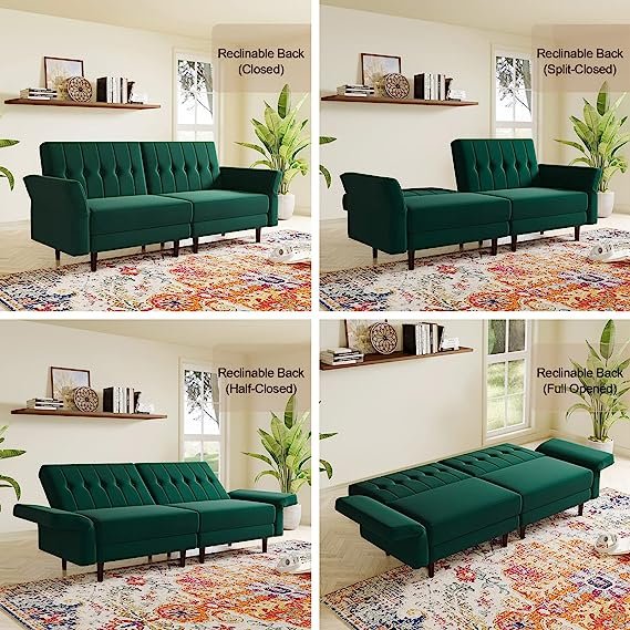 Belffin Velvet Convertible Futon Sofa Bed Memory Foam Futon Couch Sleeper Sofa Green~ Free delivery