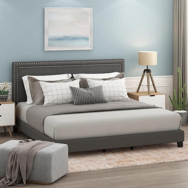 New Gray Frame Laval Stone Queen Double Row Nail Head Platform Bed