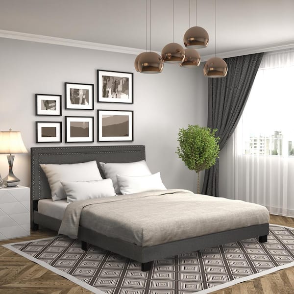 New Gray Frame Laval Stone Queen Double Row Nail Head Platform Bed