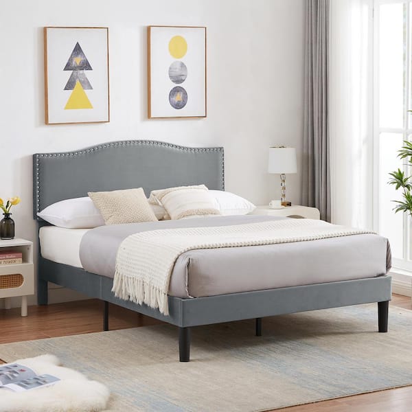 New Upholstered Bed Gray Metal Frame Full Platform Bed with Upholstered Headboard, Strong Bed Frame and Wooden Slats Support