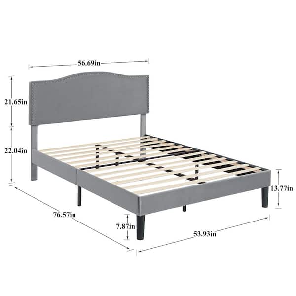 New Upholstered Bed Gray Metal Frame Full Platform Bed with Upholstered Headboard, Strong Bed Frame and Wooden Slats Support