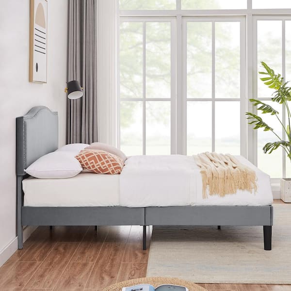New Upholstered Bed Gray Metal Frame Full Platform Bed with Upholstered Headboard, Strong Bed Frame and Wooden Slats Support