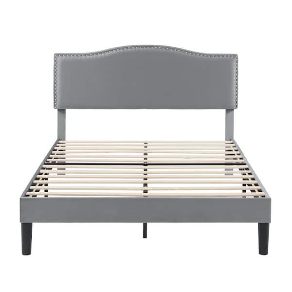 New Upholstered Bed Gray Metal Frame Full Platform Bed with Upholstered Headboard, Strong Bed Frame and Wooden Slats Support