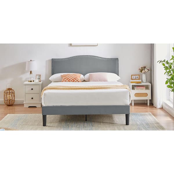 New Upholstered Bed Gray Metal Frame Full Platform Bed with Upholstered Headboard, Strong Bed Frame and Wooden Slats Support
