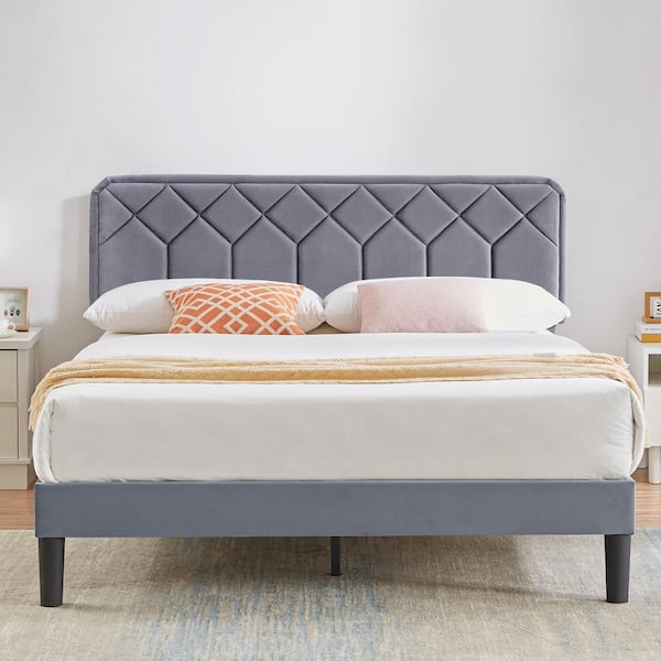 New Bed Frame with Upholstered Headboard, Gray Metal Frame Queen Platform Bed with Strong Frame and Wooden Slats Support