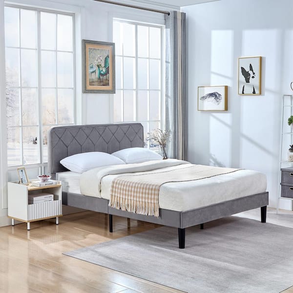 New Bed Frame with Upholstered Headboard, Gray Metal Frame Queen Platform Bed with Strong Frame and Wooden Slats Support