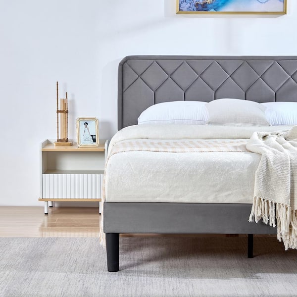 New Bed Frame with Upholstered Headboard, Gray Metal Frame Queen Platform Bed with Strong Frame and Wooden Slats Support
