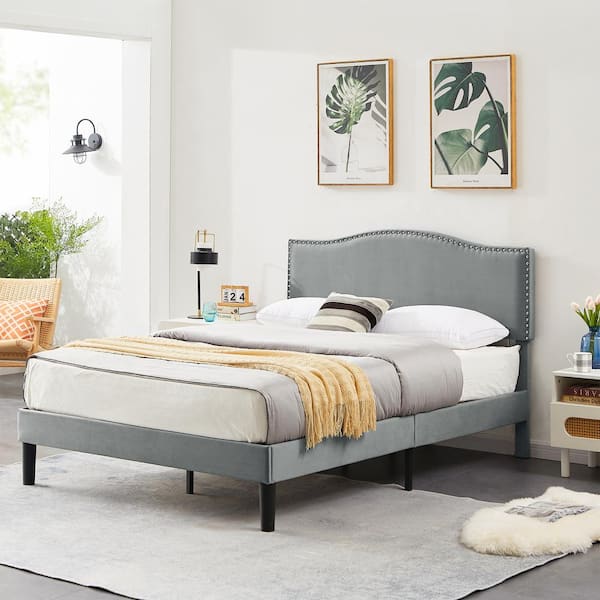 New Upholstered Bed Gray Metal Frame Full Platform Bed with Upholstered Headboard, Strong Bed Frame and Wooden Slats Support