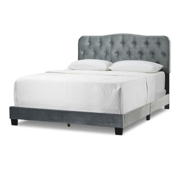 New Artan Silver Grey Velvet Queen Bed with Button Tufting