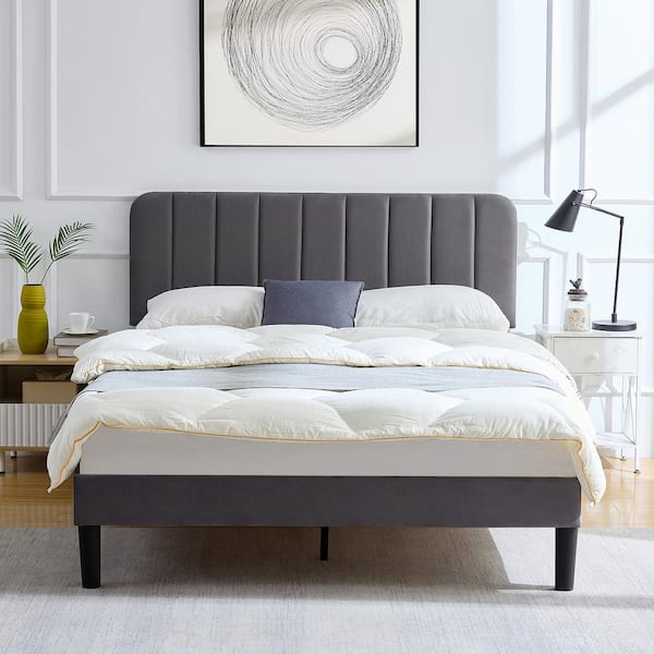 New Upholstered Bed Frame Gray Metal Frame Queen Platform Bed with Adjustable Headboard, Strong Wooden Slats Support