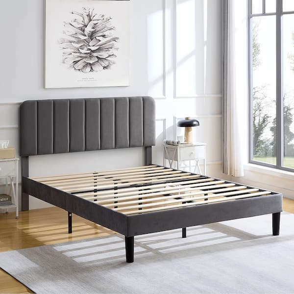 New Upholstered Bed Frame Gray Metal Frame Queen Platform Bed with Adjustable Headboard, Strong Wooden Slats Support