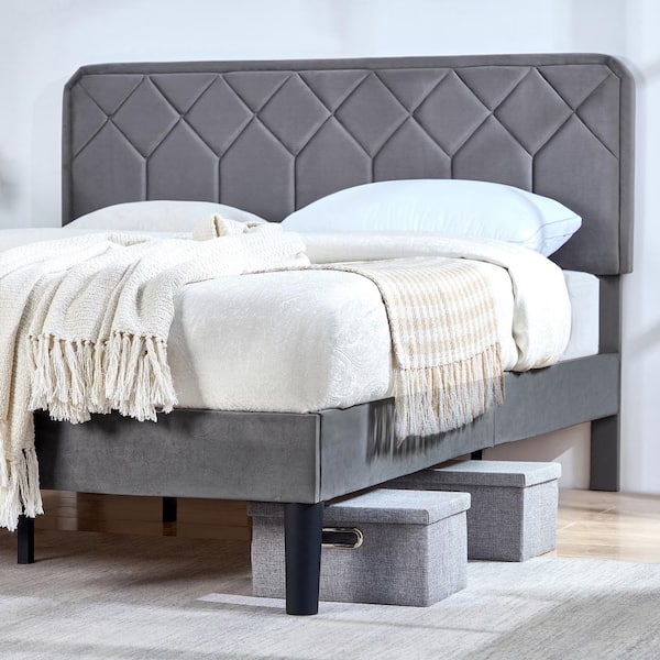 New Bed Frame with Upholstered Headboard, Gray Metal Frame Queen Platform Bed with Strong Frame and Wooden Slats Support