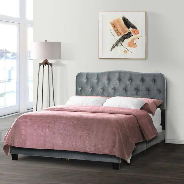 New Artan Silver Grey Velvet Queen Bed with Button Tufting